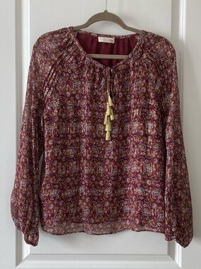 Gorgeous  Ramy Brook silk blouse in Berry Paisley with gold chain tassels